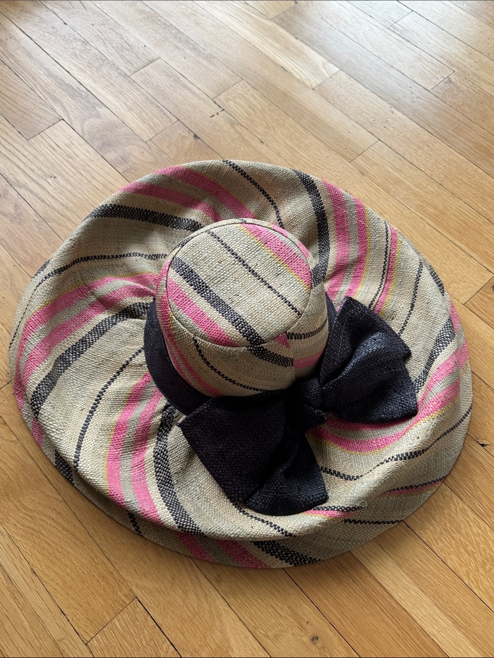 Onigo Wide Brim Straw Sun Hat with Pink & Black Stripes and Black Bow